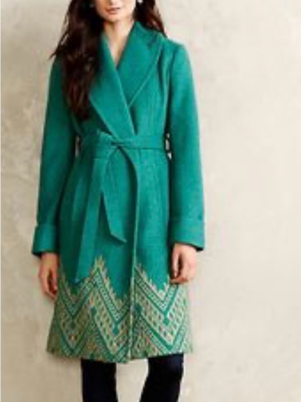 Plenty by Tracy Reese Teal Belted Long Dress Coat with Gold Geometric Hem XS